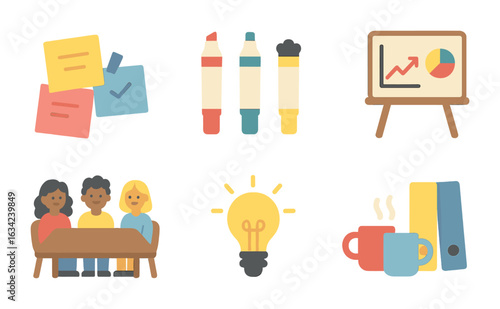 Creative Team Meeting. Flat vector mini-illustrations brainstorming with clients in colors children's
