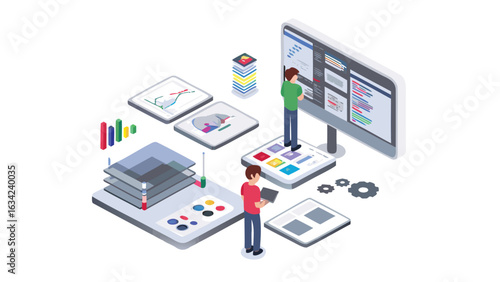 Isometric illustration of two developers working on a software project with charts and data