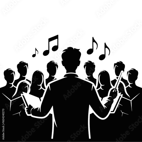 Choir conductor leading singers with musical notes