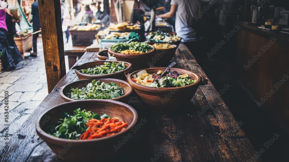 Obraz premium Fresh Colorful Salad Bowls on Rustic Wooden Table in Market Scene