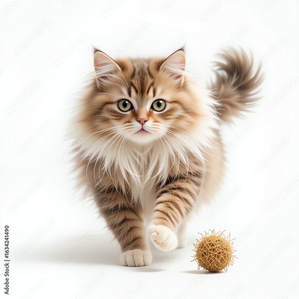 Obraz premium A fluffy cat with striking eyes playfully trots towards a textured ball on a clean white backdrop.