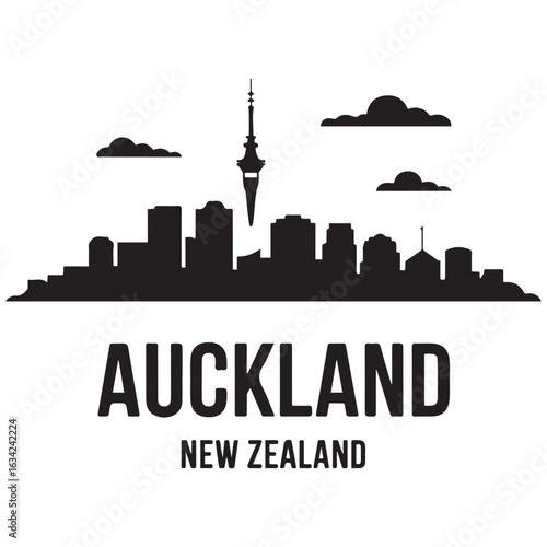 Auckland skyline horizontal banner. Auckland, New Zealand. Vector template for your design. Vector black silhouette. with white background.