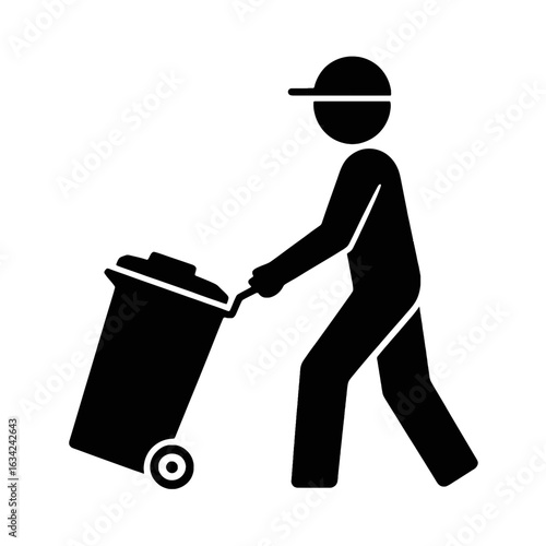 Stick figure pushing a trash bin on wheels person sanitation worker