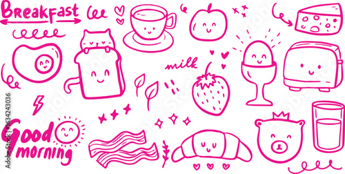 Pink Cafe and Food Doodle Set – Coffee, Cup, Strawberry, Sweet, Fun, Cute, Sketch, Doodle, Vector, Decorative, Minimal, Isolated, Elements, Outline, Graphic, Food