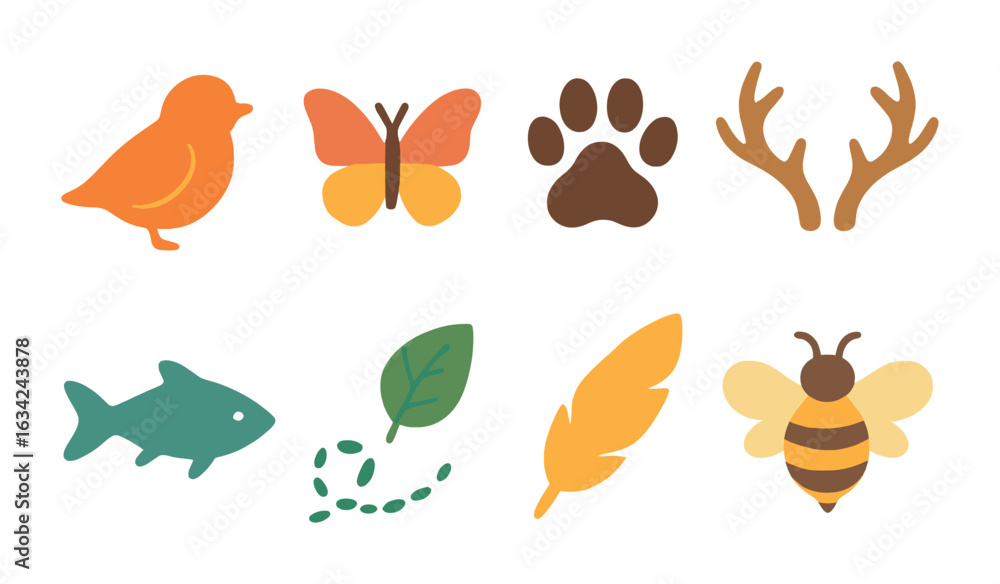 Fototapeta premium Wildlife Icon Grid. Flat vector mini-illustrations wildlife-inspired design in colors children's illustrations