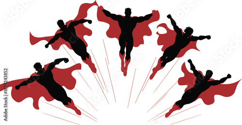 Dynamic silhouettes of five superheroes flying in a heroic semi-circle formation with flowing red capes emphasizing power and motion