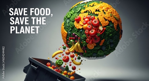 Conceptual illustration of global food waste, with an Earth globe made of produce being discarded to promote saving our planet.