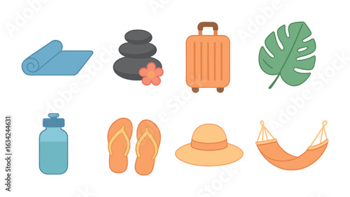 Wellness Travel Icons. Flat vector mini-illustrations wellness travel and retreats in colors children's