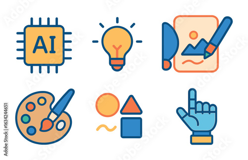 Children's Creativity Icons. Flat vector mini-illustrations AI design prototypes in colors children's