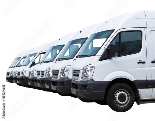 Fleet of commercial white vans and trucks lined up for display, isolated on transparent background PNG
