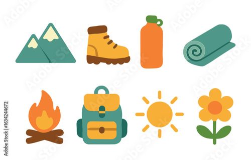 Mountain Retreat Icons. Flat vector mini-illustrations mountain wellness retreats in colors children's