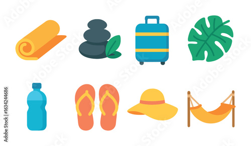 Wellness Travel Icons. Flat vector mini-illustrations wellness travel and retreats in colors children's
