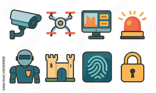 City Security Icons. Flat vector mini-illustrations autonomous city security in colors children's