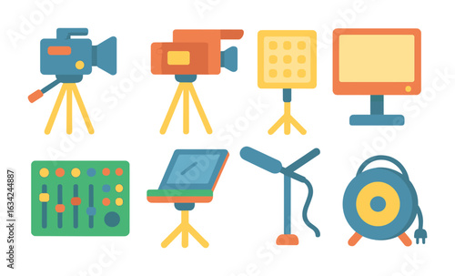 Child's TV Equipment Icons. Flat vector mini-illustrations live TV show equipment in colors children's