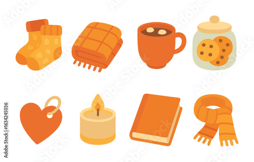 Cozy Gift Icons. Flat vector mini-illustrations warm and fuzzy gifts in colors children's illustrations: fuzzy