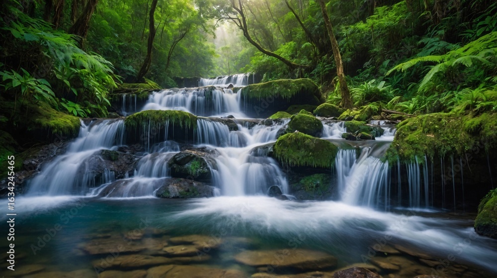 Naklejka premium Breathtaking view of a serene forest waterfall cascading over mossy rocks in a lush, green landscape.