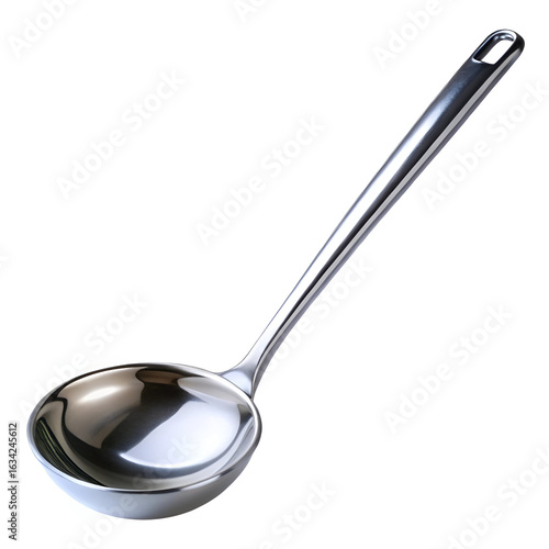 Stainless steel kitchen ladle with a deep bowl, isolated on white background