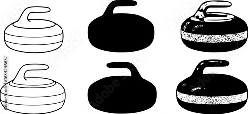 set of Curling Rock or Stone Clipart Set - Outline, Silhouette & Color
