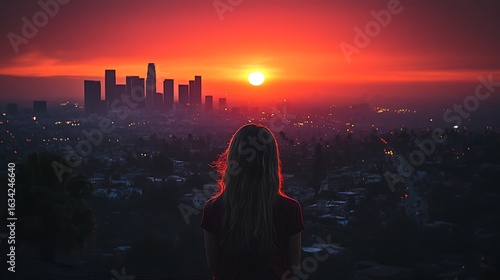 Silhouette of a person gazing at a vibrant sunset over a city.