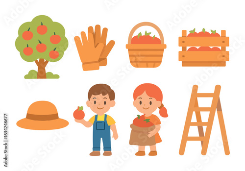 Apple Harvest Icons. Flat vector mini-illustrations seasonal apple harvest in colors children's illustrations: