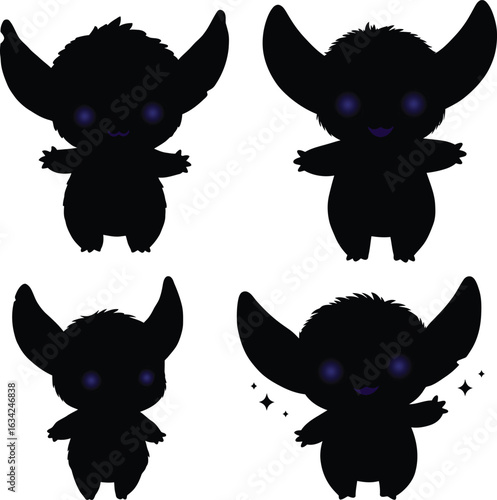 Cute Black Monster with Glowing Eyes - Chibi Creature Vector Illustration Set
