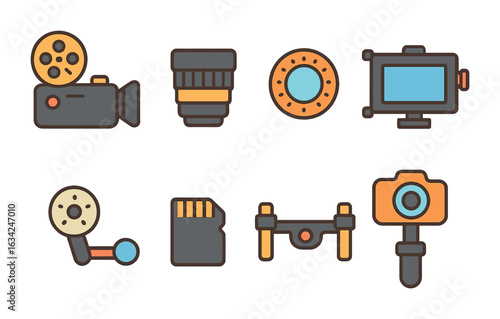 Camera Gear Icons. Flat vector mini-illustrations of camera department gear in colors children's illustrations