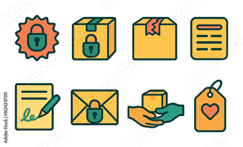 Secure Mailing Icons. Flat vector mini-illustrations of secure mailing in colors children's illustrations: