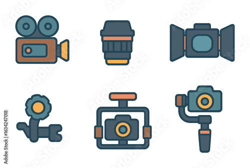 Camera Gear Icons. Flat vector mini-illustrations of camera department gear in colors children's illustrations