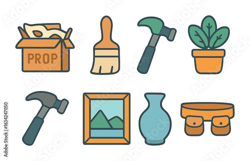 Set Decoration Tools. Flat vector mini-illustrations of set decoration tools in colors children's