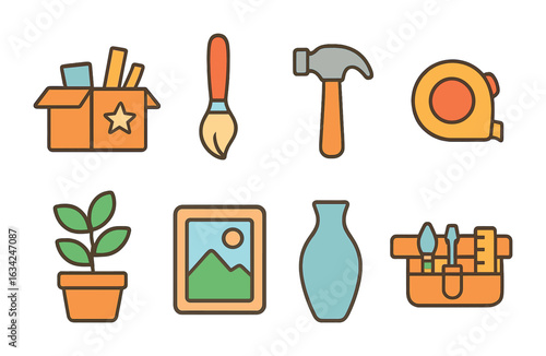 Set Decoration Tools. Flat vector mini-illustrations of set decoration tools in colors children's