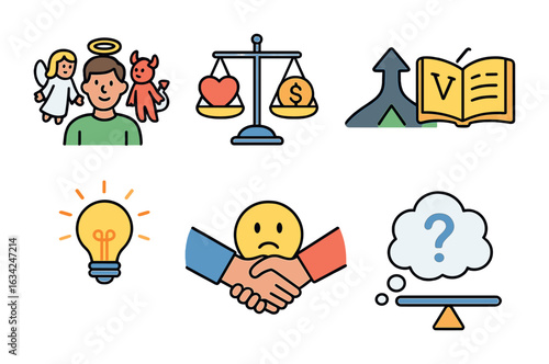 Moral Choices Icons. Flat vector mini-illustrations of moral choices in colors children's illustrations: angel