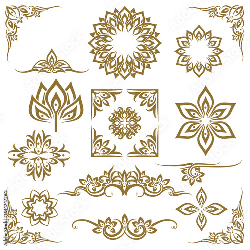 A set of golden ornate floral vector design elements