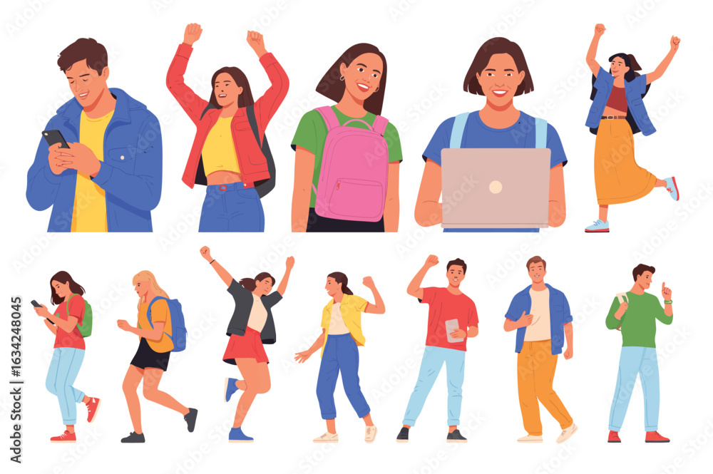 Fototapeta premium Colorful vector illustration of diverse people in dynamic poses – walking, cheering, using devices, and carrying backpacks in casual style