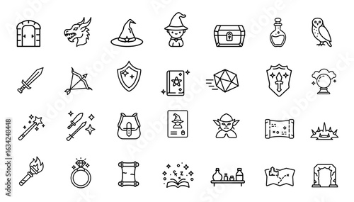 Role playing game icons set. Fantasy adventure symbols collection in minimal style. Suitable for tabletop games video games and card design. Simple outlined black and white vector