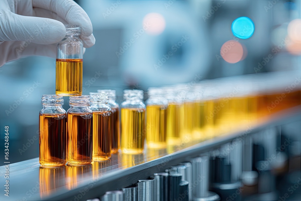 A gloved hand places a small vial onto a production line of similar vials A gloved hand places a small vial onto a production line of similar vials