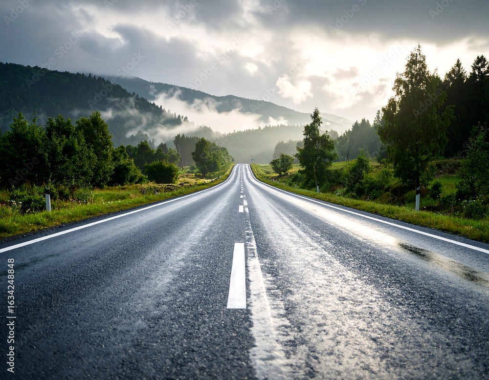 Fototapeta premium Winding road through lush green mountains after rain