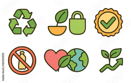 Sustainable Packaging Symbols. Flat vector mini-illustrations of sustainable packaging symbols in colors