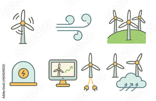 Wind Energy Icons. Flat vector mini-illustrations of wind energy networks in colors children's illustrations: