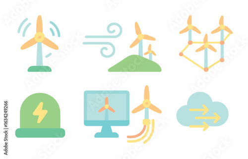 Wind Energy Icons. Flat vector mini-illustrations of wind energy networks in colors children's illustrations:
