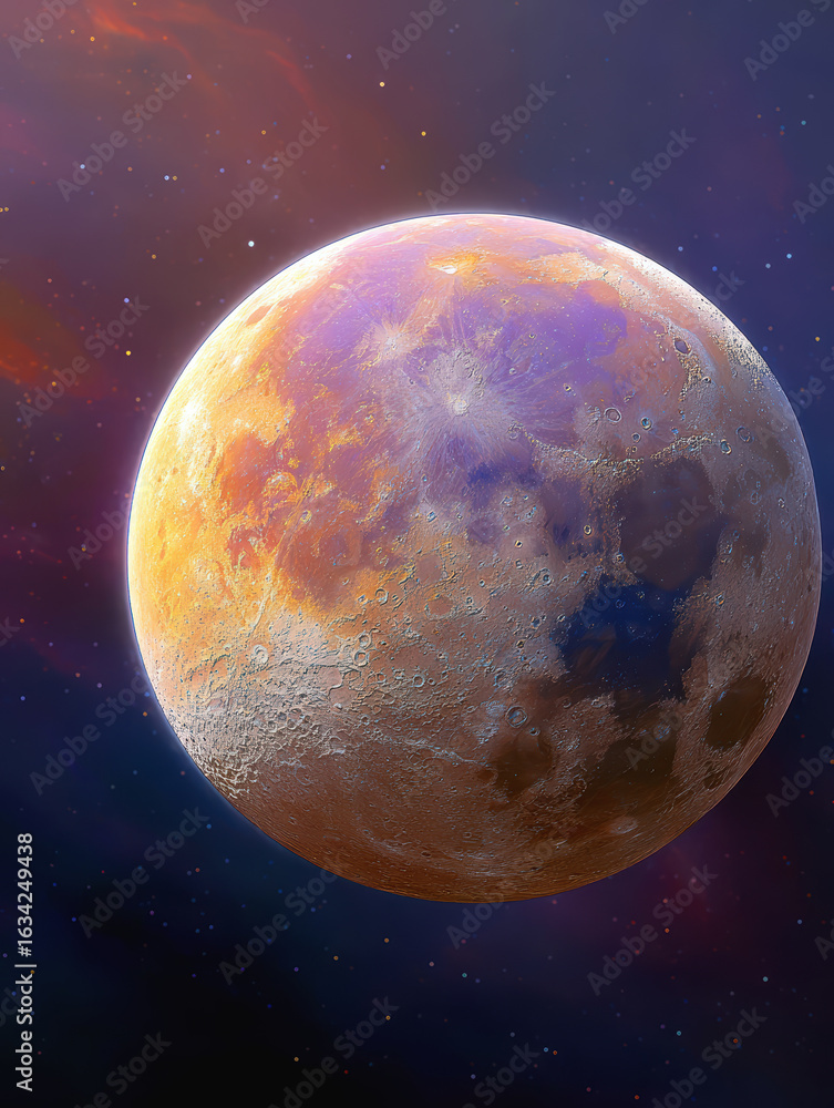 Obraz premium Surreal full moon in vibrant blue and pink tones with glowing aura and shining stars in cosmic night sky