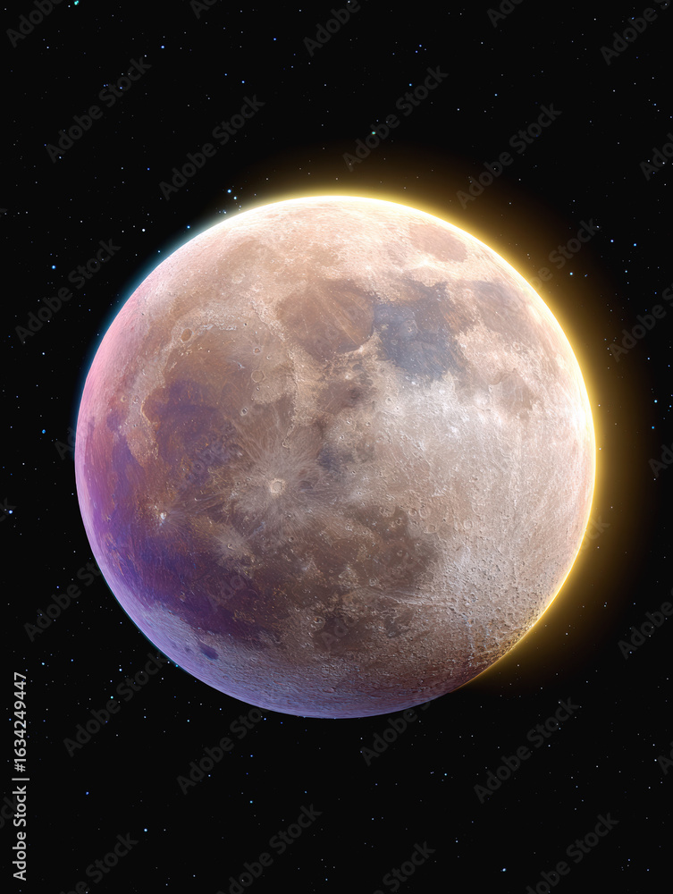Obraz premium Fantasy full moon shining with ethereal glow in colorful space surrounded by tiny stars and nebula details