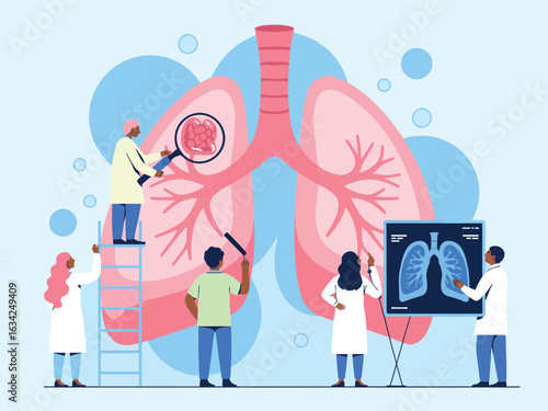 Medical team studying human lungs with magnifying glass, X-ray, and clipboard – collaborative research on respiratory health