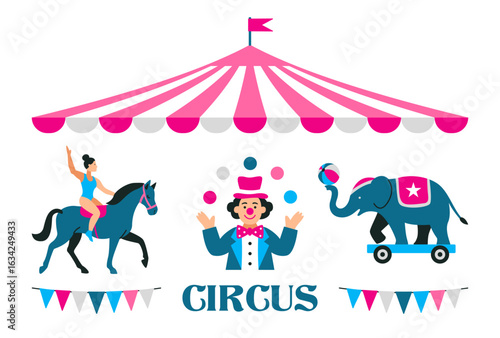 Circus, Festival. World Circus Day. Welcome Carnival. Circus Tent, Flags, Elephant with a Ball, Horse with Acrobat, Juggling Clown. Characters, people and animals performing stunts in circus. Vector i