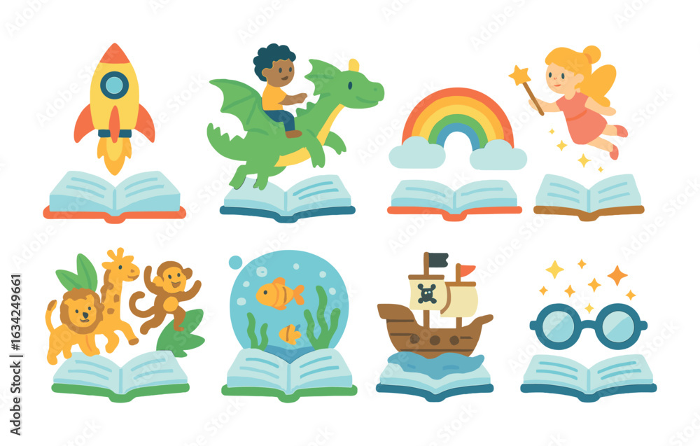 Naklejka premium Imaginative Reading Adventures. Flat vector mini-illustrations of imaginative reading moments in colors