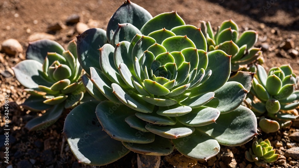 Obraz premium A vibrant green succulent with layered leaves blooming in warm sunlight, surrounded by earthy tones.