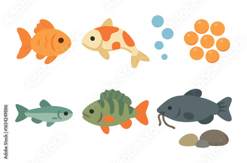 Pond Fish Illustrations. Flat vector mini-illustrations of fish in the pond in colors children's illustrations