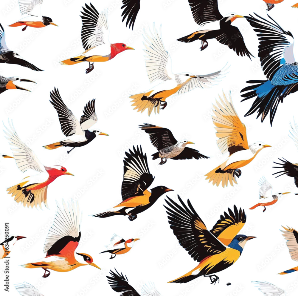 Fototapeta premium A flock of colorful birds flying. An artistic illustration of birds in flight, capturing their vibrant colors and dynamic movements. Ai Generate.