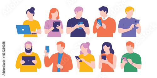 Flat design illustration of diverse people using smartphones, tablets, and laptops – modern digital lifestyle and tech interaction concept
