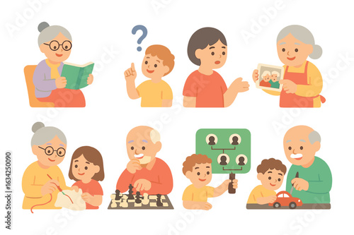 Intergenerational Learning Icons. Flat vector mini-illustrations intergenerational learning in colors children