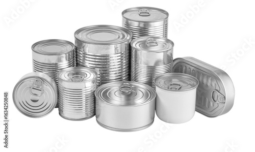 Фотография Group of tin cans preserving food for long shelf life